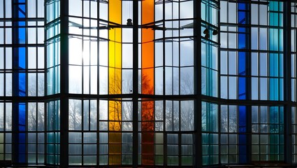 Colorful Geometric Glass Window in Modern Building Interior
