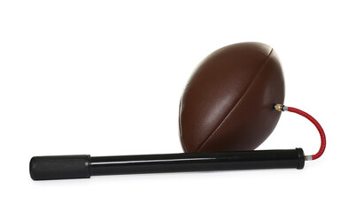 American football ball and manual air pump isolated on white