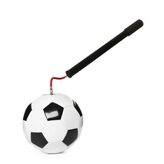 Soccer ball and manual air pump isolated on white