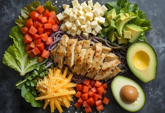 Flat lay of Cobb salad ingredients neatly arranged before mixing, including lettuce, diced tomato, grilled chicken, boiled egg, cheese, avocado, overhead editorial style.