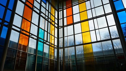 Colorful Geometric Glass Window in Modern Building Interior