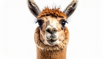 Obraz premium Closeup Portrait of a Brown Alpaca Against White Background