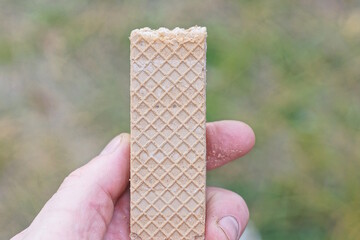 hand holding one brown waffle on gray background on summer street