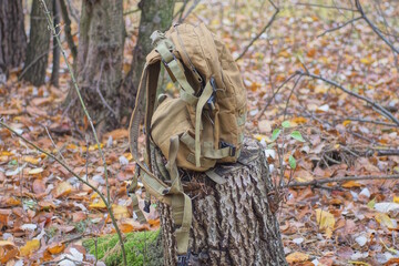 one brown army backpack standing on a gray stump outdoors in nature