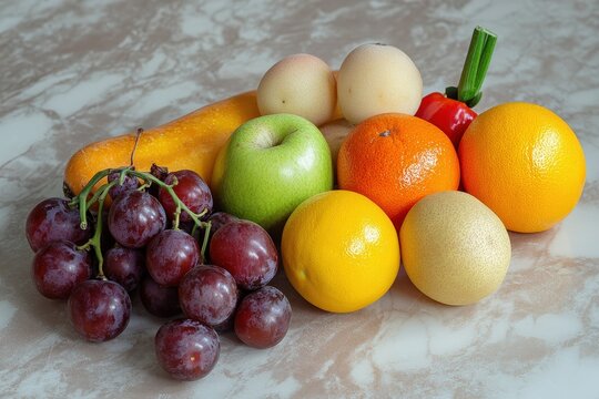 Variety of fresh fruits including grapes, oranges, green apple, asian pears, lemon, papaya, yellow kiwi, and red bell pepper arranged on a marbled surface