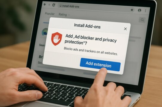 User installing ad blocker extension on laptop for increased privacy and security while browsing internet