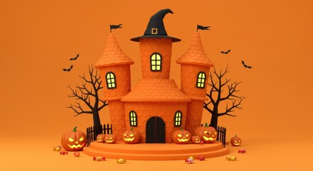 Halloween Pumpkin Castle 3D Render of Spooky Festive Scene