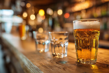 Beer glistens on a bar top. Celebratory drinks imagery. Marketing, web use.