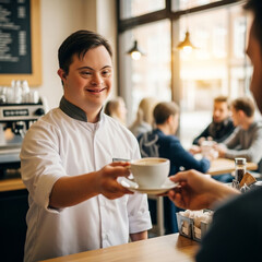 Arab man with Down syndrome smiling in rustic coffee shop