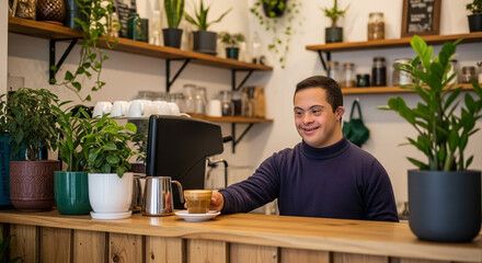 Arab man with Down syndrome smiling in rustic coffee shop