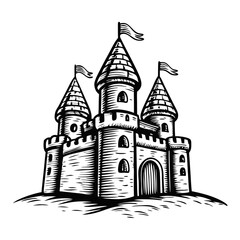 Sketch of a castle with towers and flags waving on top, fortress is built on hill. Sketch demonstrates historic engraving style, castle has gate and windows.