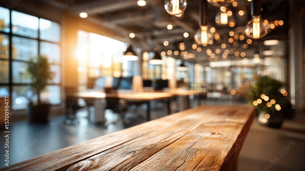 Aufkleber a modern office features wooden tables and glowing light fixtures. bright daylight streams through l
