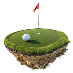 Golf ball and flag on a floating island green isolated on transparent background