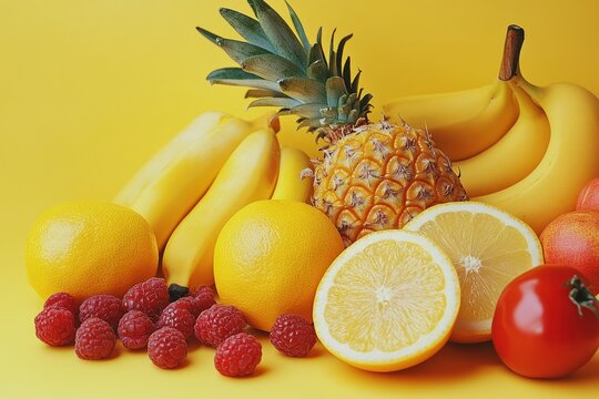 Variety of fresh fruits including grapes, oranges, green apple, asian pears, lemon, papaya, yellow kiwi, and red bell pepper arranged on a marbled surface