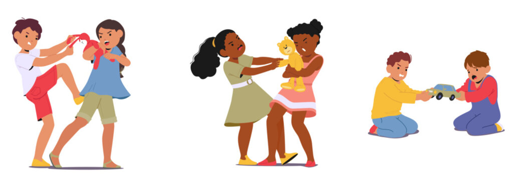 Naughty furious unfriendly kids cartoon characters quarreling fighting and struggling for toys set