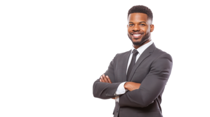 Afro male executive in suit with confident posture, standing against a white background - perfect for business, leadership, and corporate visuals.