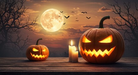 Eerie Halloween Scene Jackolanterns Full Moon and Candles Under a Spooky Sky