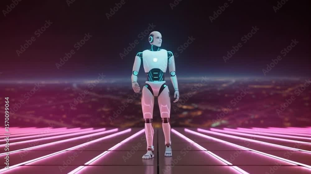 Poster a humanoid robot walks confidently on futuristic platform with a city lights backdrop showing artifi