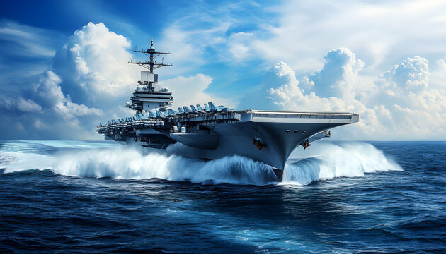 Large modern warship aircraft carrier moves forward. Naval vessel on ocean waves. Military technology. Aerial view showing sea and sky, ship in motion