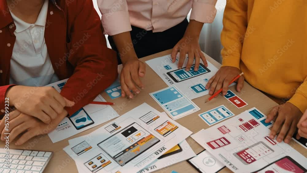 Poster panorama video of startup company employee planning on user interface prototype for mobile applicati