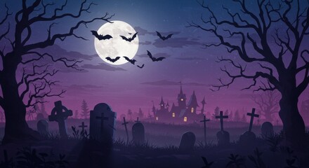 Spooky Halloween Night Haunted Mansion Graveyard Bats Full Moon