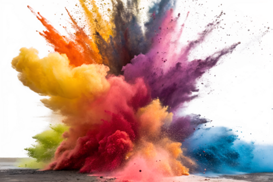 Explosion of vibrant colored powder in mid air isolated on transparent background