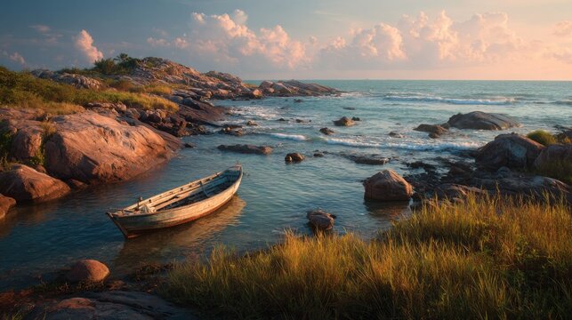 An old wooden boat rests in calm waters near a rocky shoreline as the sun sets, casting warm hues across the sky and illuminating the surrounding grass and stones.
