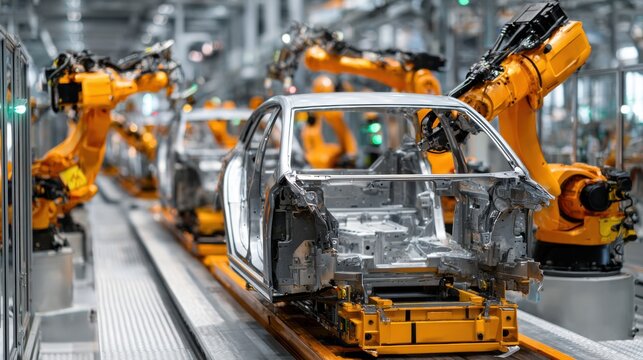 In a modern automotive manufacturing facility, robotic arms work in unison to assemble car frames on an assembly line. Bright lights illuminate the space, showcasing efficiency.