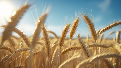 Fototapeta premium Serene Rural Landscape Featuring Wheat Spikes in Focus: Stock Photo for Nature-Themed Designs, Environmental Campaigns, promoting natural products, rural tourism, or environmental conservation,farming