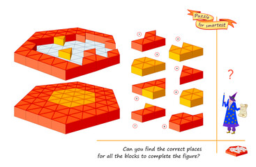Can you find the correct places for all the blocks to complete the figure? Logic game for smartest. 3D puzzle. Develop spatial thinking. Page for brain teaser book. IQ test. Flat vector illustration.