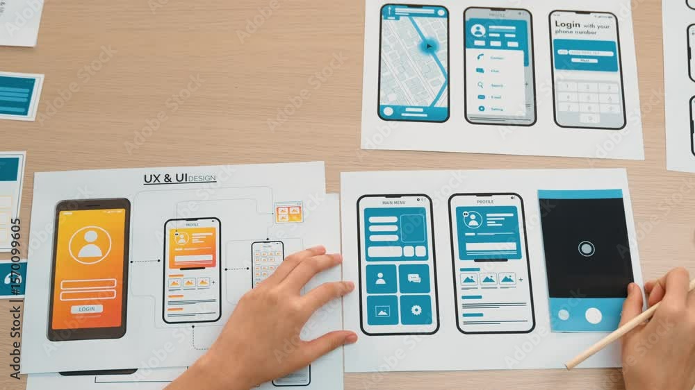 Poster top view video of startup company ui or ux developer joining hand over user interface prototype for 