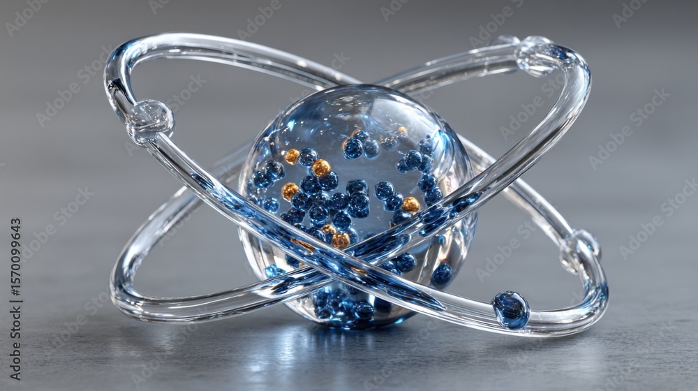 Poster a detailed atom model is displayed with a transparent structure. blue particles represent electrons 