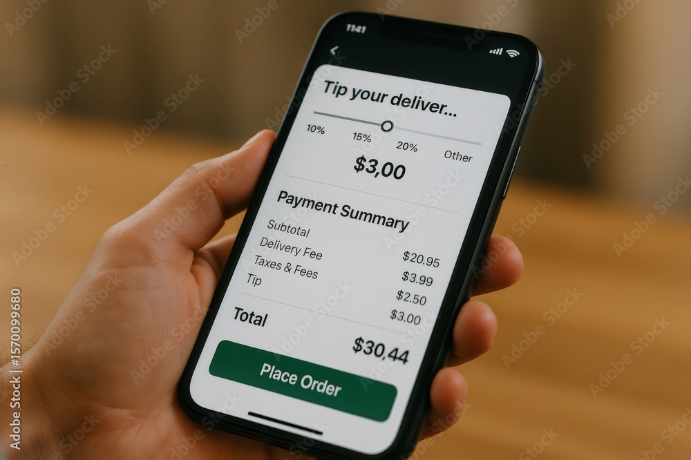Aufkleber hand holding smartphone displaying food delivery app with payment summary and tip option selected