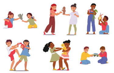 Preschool children sharing, exchange and fighting for their toys cartoon kid interactions scene set