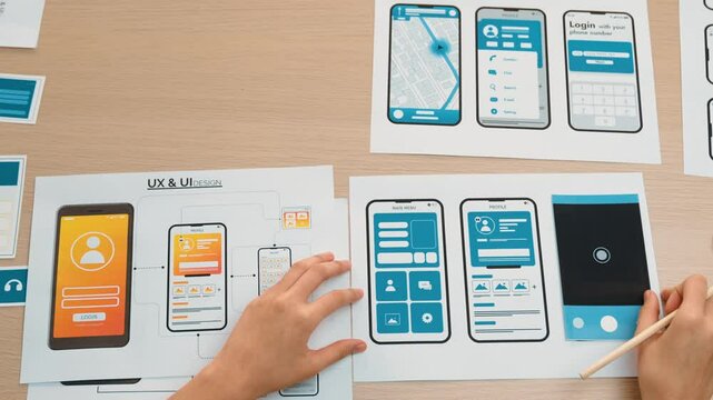 Top view video of startup company UI or UX developer joining hand over user interface prototype for mobile application web on table as productive teamwork and trustworthy business partner. Synergic