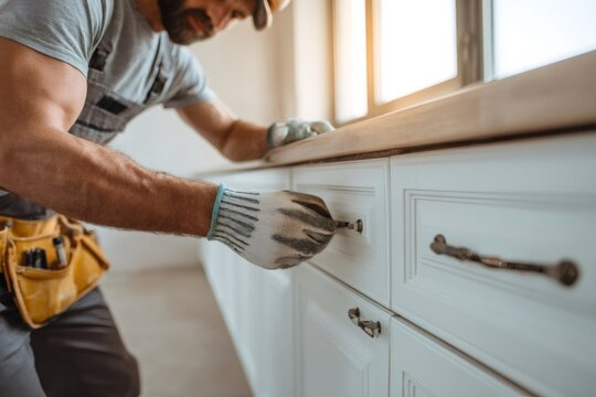 Construction worker installing furniture in a sleek modern kitchen, skillfully assembling a drawer and adding finishing touches to cabinetry