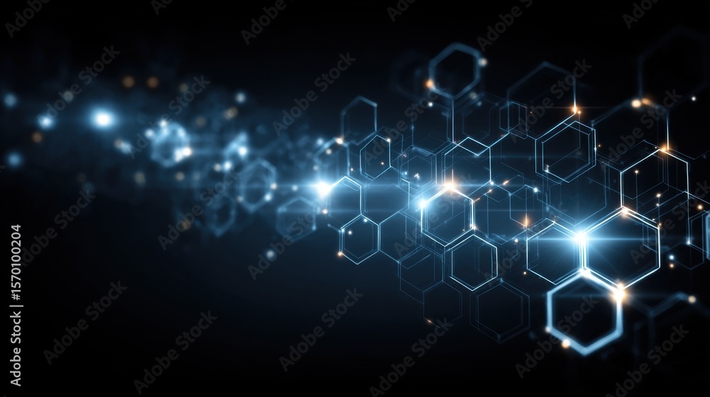 Poster glowing hexagons and light particles create an abstract pattern against a dark background, evoking a