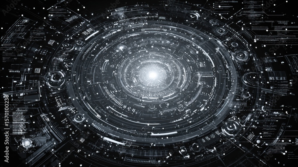 Poster a sophisticated digital interface showcases a circular design filled with luminous elements and intr