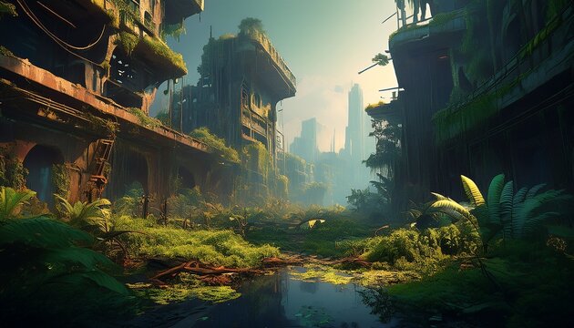 post apocalyptic wasteland where nature has reclaimed the land dystopic overgrown buildings ruins of a decaying city generative ai