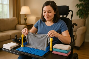 Woman in a wheelchair using adaptive tools to fold laundry, demonstrating independence and accessibility in a cozy living room setting