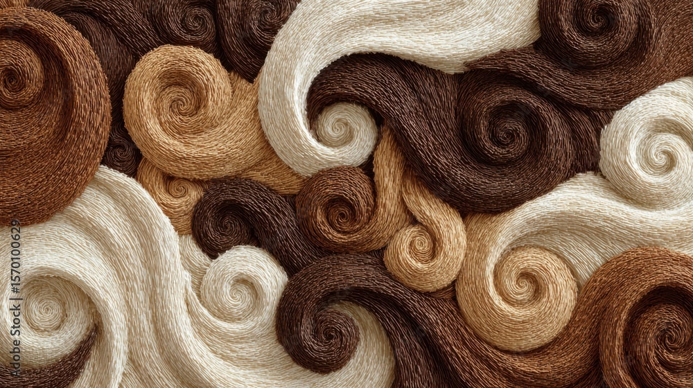 Poster textured fibers arranged in swirling patterns create a captivating design, blending warm browns, cre