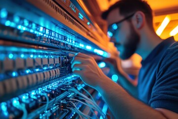 Man works on a server rack in a data center with blue glowing lights and many ethernet cables