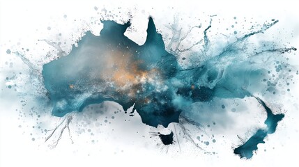 Obraz premium Abstract watercolor ink splash map of Australia showing artistic representation with expressive continent outline and dramatic texture, Generative AI