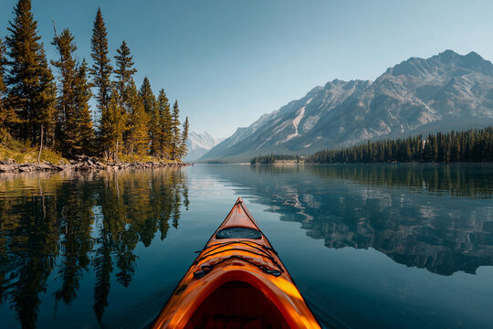A kayak glides across a tranquil lake reflecting majestic mountains and lush pine trees. The scene captures a peaceful summer day perfect for outdoor adventure