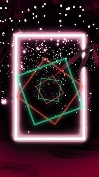 Animation of neon frame over falling light spots over trees