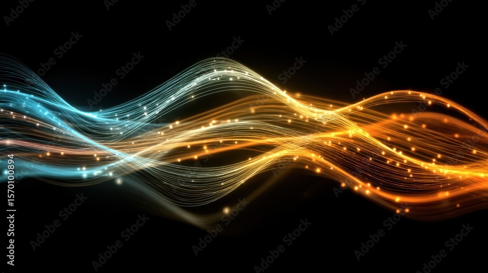 Poster flowing lines in vibrant blue and orange hues intertwine with shimmering particles, creating an eye-