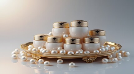 Cosmetic Jars in Golden Tray with Pearls