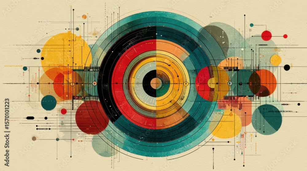Poster dynamic composition showcases a blend of circular forms in various colors and textures, highlighting
