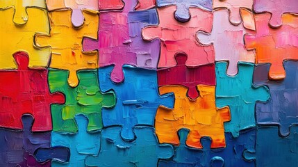 Oil painting of colorful jigsaw puzzle pieces coming together to connect and form a complete picture, creating unity