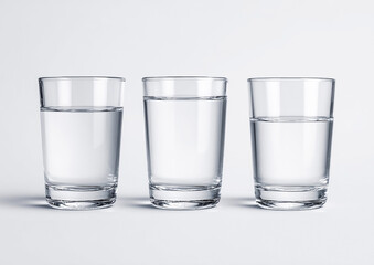Three glasses hold water against a white backdrop. Use for health, thirst, design, or web.